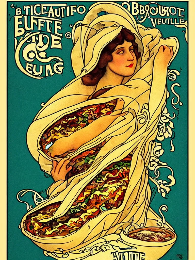 Image similar to “Beautiful art nouveau advertisement for the ultimate everything burrito. Detailed advertisement for a delicious everything burrito by Victor Horta. This burrito will change your life”