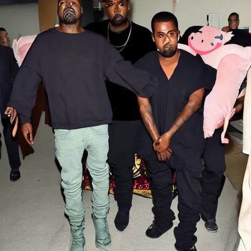 Prompt: kanye west holding an anime body pillow