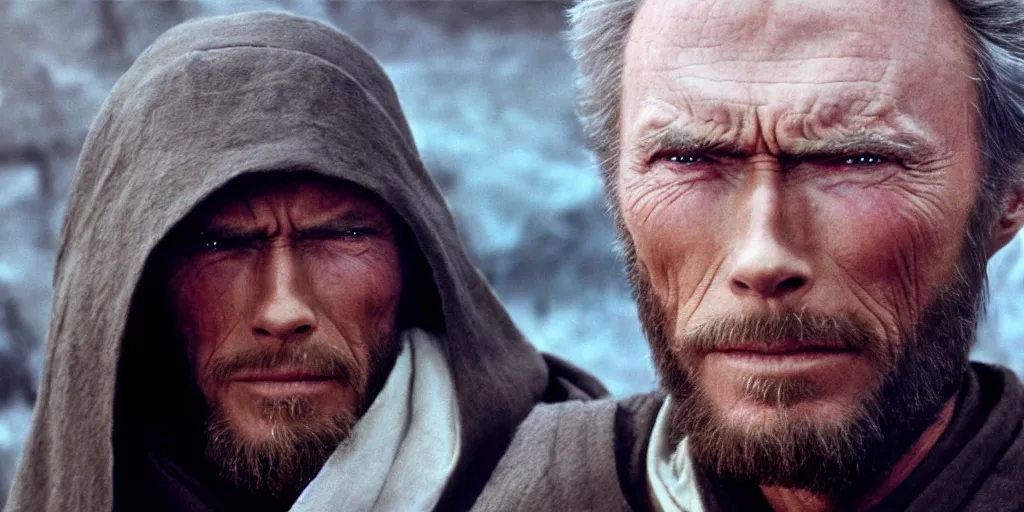 Image similar to Still of Clint Eastwood as jedi master Obiwan kenobi!!!!. in Star Wars (1977). detailed eyes. medium shot, technicolor. light saber