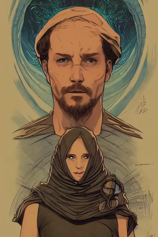 Prompt: frank herbert's dune themed majestic paul atreides blue eyed fremen prophet sketch by sachin teng, moebius, artgerm, alphonse mucha, masterpiece, intricate organic painting, matte painting, futuristic geometrical drawing shapes, desert ambience, hard edges, cinematic character art movie poster by drew struzan, graffiti, street art by sachin teng