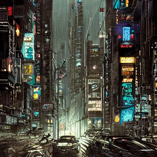 Prompt: hyper detailed illustration of a cyberpunk city at nighttime with rain, by Kev Walker, simon bisley and paolo parente