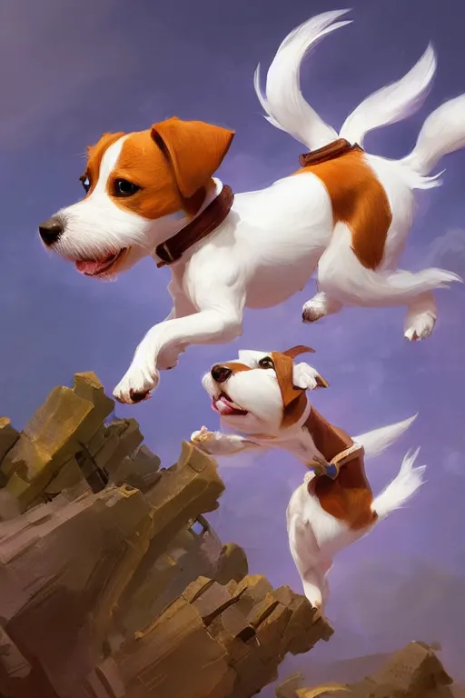 Image similar to adorable jack russel terrier jumping high, fantasy art, artstation character design contest winner, trending on cgsociety, concept art, speedpaint, beautiful digital art, jesper ejsing, james jean, justin gerard, fenghua zhong, makoto shinkai, highly detailed