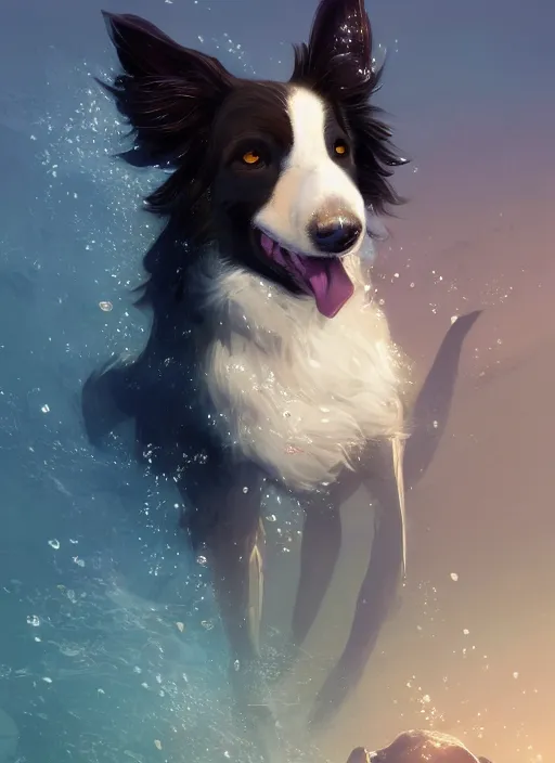 Image similar to beautiful wide angle full body portrait of a cute male anthropomorphic anthro border collie fursona wearing an evening gown underwater, character design by charlie bowater, henry asencio, and ross tran, scenic background, detailed, glamor pose, aesthetic, furry, trending on artstation, furaffinity, deviantart