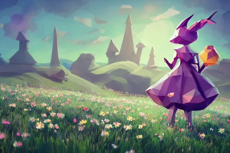 Prompt: lowpoly ps 1 playstation 1 9 9 9 running anthropomorphic lurantis maid wearing witch hat holding a swadloon standing in a field of daisies, mount coronet in the distance digital illustration by ruan jia on artstation
