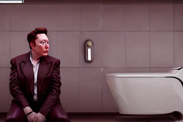 Image similar to hyperrealism aesthetic ridley scott and denis villeneuve style photography of a detailed hyperrealism elon musk, siting on a detailed hyperrealism toilet and scrolling his detailed smartphone in hyperrealism scene from detailed art house movie in style of alejandro jodorowsky and wes anderson