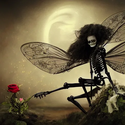 Prompt: the skeleton of a fairy ribbon dancing on a black rose, the ribbon is made up of the fabric of the universe, ultra realistic, concept art, intricate details, highly detailed, photorealistic, octane render, 8 k, style of jean baptiste monge