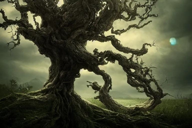 Prompt: an ultra realistic, cinematic, headshot portrait,.. of an evil tree wizard.. branches, facial features, background of a vast serene landscape, with trees and rivers, detailed, deep focus, movie still, dramatic lighting, ray tracing, by michal karcz and yoshitaka amano