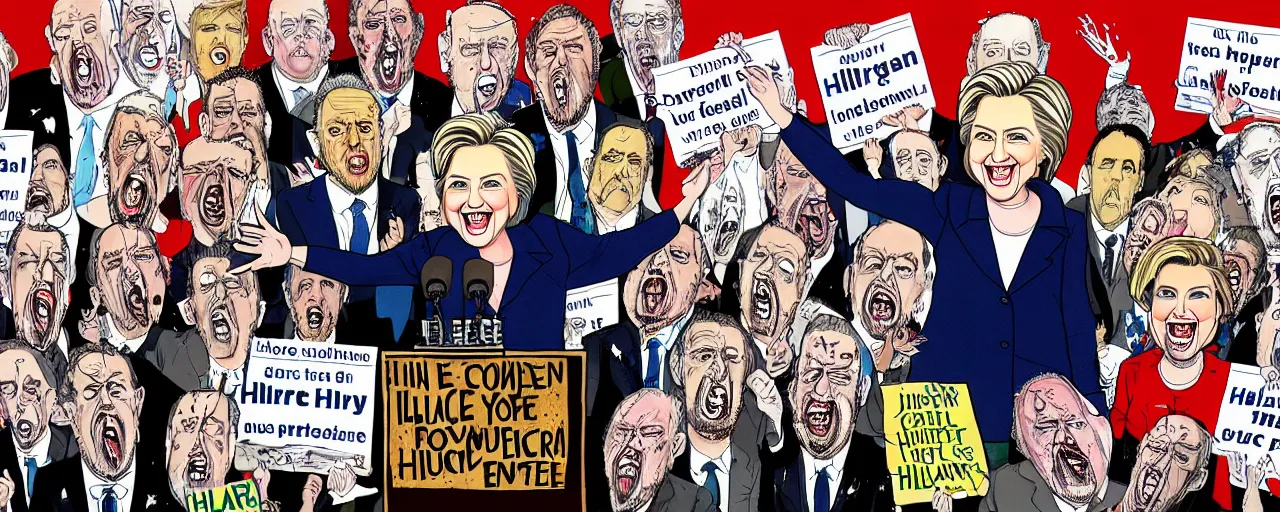 Image similar to an political caricature of hilary clinton at a podium surrounded by a crowd of angry protestors with signs, by gerald scarf and ralph steadman, illustration, ink drips, front angle, ink splatters, pen and ink, flat color, drawing, facing front, anatomically correct, beautiful perfect face, sharp focus, highly detailed, cinematic lighting, 8 k, hd