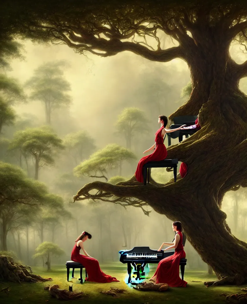 Image similar to woman playing a piano sitting on a giant tree, very detailed, 8k, maximized, ornate, masterpiece, complex, by Greg rutkowski, Alex Gray, surrounded by smoke