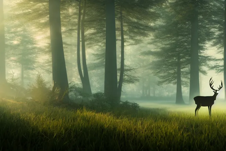 Prompt: a landscape misty forest scene with a deer in the foreground with bright glowing eyes, the sun glistening through the trees, hyper realistic photograph, octane render 8k, trending on artstation, unreal engine