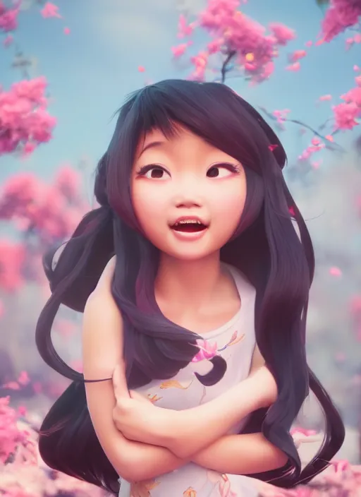 Image similar to a cute asian girl singing, flowing hair in the style of pixar animation, full body shot, award winning, hyper detailed, studio lighting, artstation, octane renderer, unreal engine