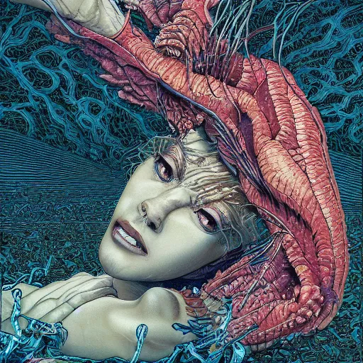 Image similar to painting of a human shedding skin, by yoichi hatakenaka, masamune shirow, josan gonzales and dan mumford, ayami kojima, takato yamamoto, barclay shaw, karol bak, yukito kishiro