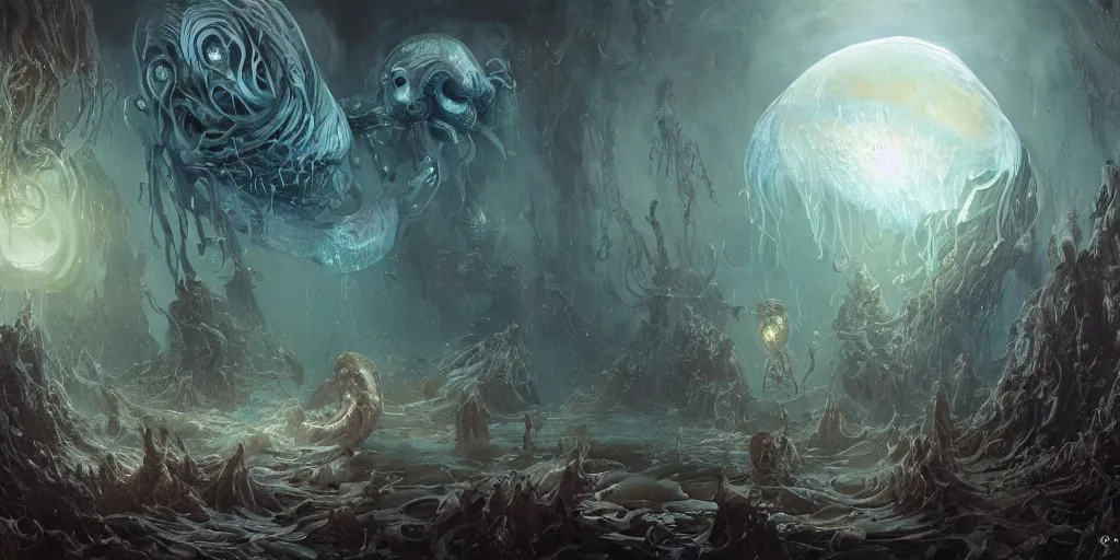 Image similar to concept art of giant translucent glowing jellyfishes, lovecraftian divers, lots of teeth, melting horror, round moon, rich clouds, fighting the horrors of the unknown, high resolution, very detailed, roaring, volumetric light, mist, grim, fine art, decaying, textured oil over canvas, epic fantasy art, very colorful, ornate, anato finnstark