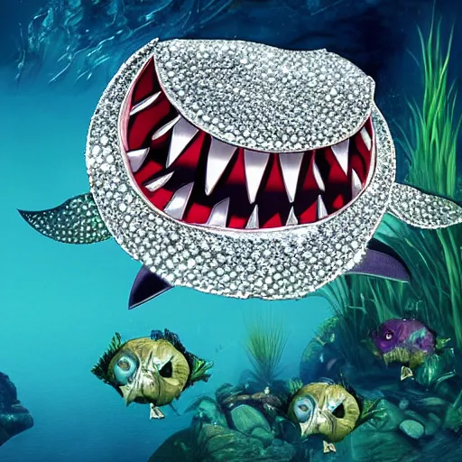 Image similar to A diamond encrusted killer fish with jeweled teeth, very scary