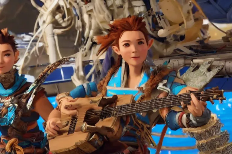 Image similar to aloy from the horizon zero dawn videogame playing the guitar with link from the legend of zelda videogame in the international space station