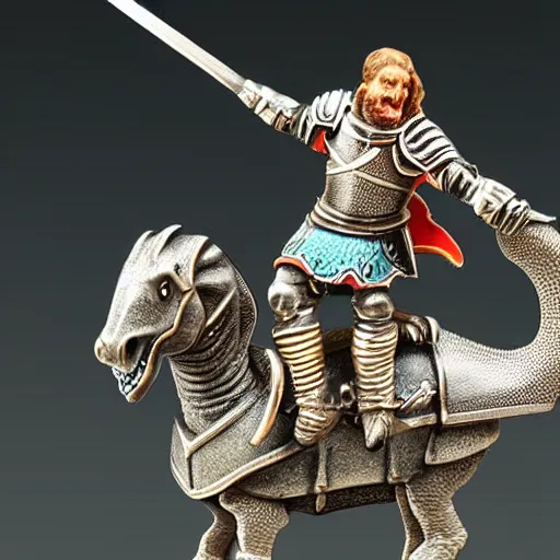 Prompt: D&D, high detail, miniature of medieval knight riding a dinosaur, Lord of the Print, 28mm scale