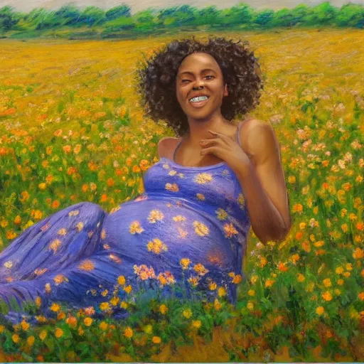 Image similar to pregnant east african woman with curly hair in a vast field of flowers with a tiny black puppy, laying down, looking into the distance, golden hour, vintage, impressionist painting, fine art, oil painting, dreamy, pastel, laughing, happy, intricate details, sharp, peaceful, serene