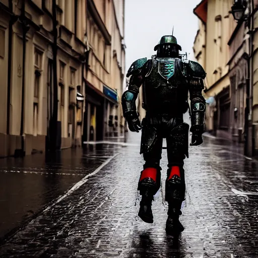 Prompt: a man wearing futuristic space marine armor walks down a rainy street in prague, photography, movie still, dslr 5 5 mm, 4 k