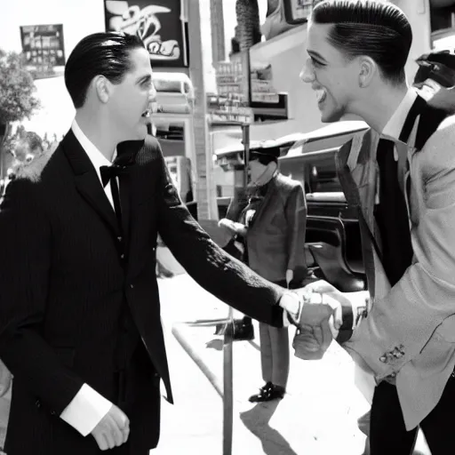 Prompt: G-Eazy meeting Frank Sinatra in the Hollywood Boulevard, filmed by Steven Spielberg