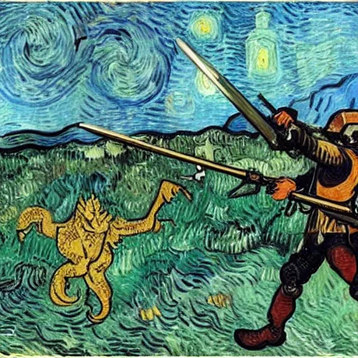 Image similar to a knight, shooting a dragon with an ak-47, by Van Gogh