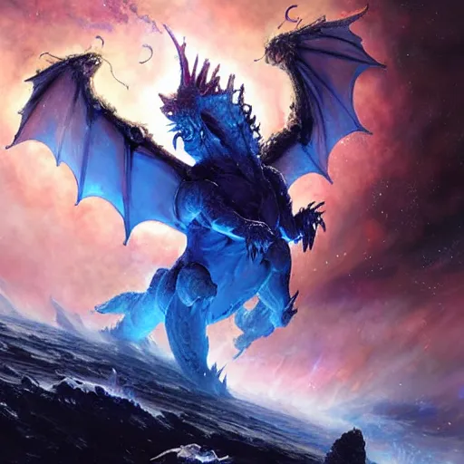 Image similar to prompt Blue crystalline European dragon devouring a planet, space, planets, moons, sun system, nebula, oil painting, by Fernanda Suarez and and Edgar Maxence and greg rutkowski