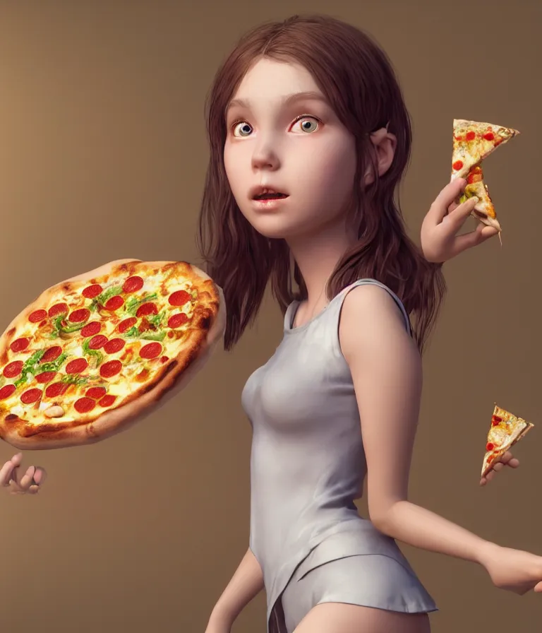 Image similar to a beautiful hyperrealistic detailed 3D render of a fairy girl with pizza instead of wings, by Anton Otto Fischer, Atey Ghailan, genzoman, unreal engine, octane render, gigantic, 3D, brilliantly coloured, intricate, ultra wide angle, trending on artstation, embers, smoke, dust, dusk, volumetric lighting, HDR, polished, micro details, ray tracing, 8k,