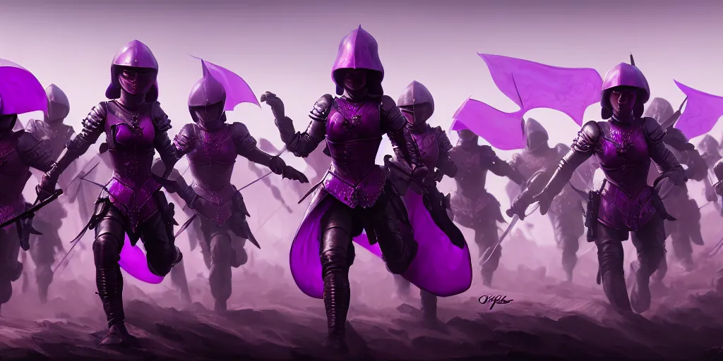 Image similar to painting of lady in purple leading an army of riding knights, hyper - realistic, unreal engine, octane render, digital art, trending on artstation, 8 k, detailed, atmospheric, immaculate