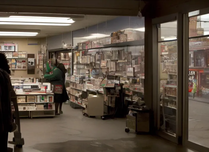 Prompt: cinematic wide shot of backlit windows of a narrow used electronics store, octavia spencer wanders the messy aisles, keyboards, iconic scene from the paranoid thriller sci fi film directed by pt anderson, anamorphic cinematography, beautiful composition, color theory, leading lines, photorealistic, volumetric lighting