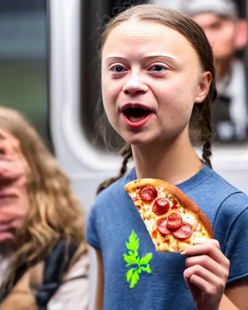 Image similar to film still close - up shot of greta thunberg giving a speech in a crowded train station eating pizza, smiling, the sun is shining. photographic, photography