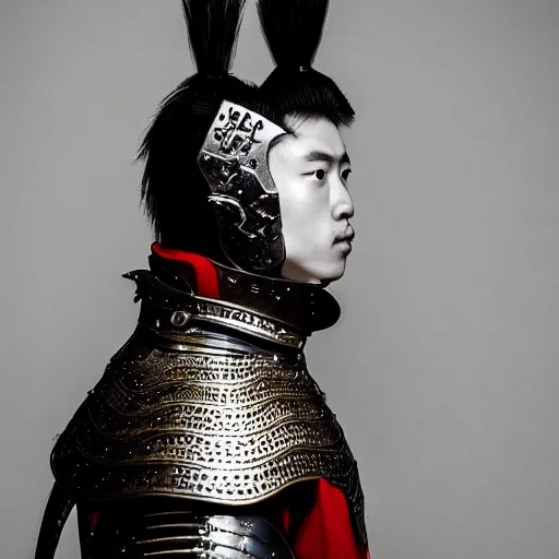 Prompt: a portrait of a beautiful young samurai male wearing an alexander mcqueen armor , photographed by andrew thomas huang, artistic