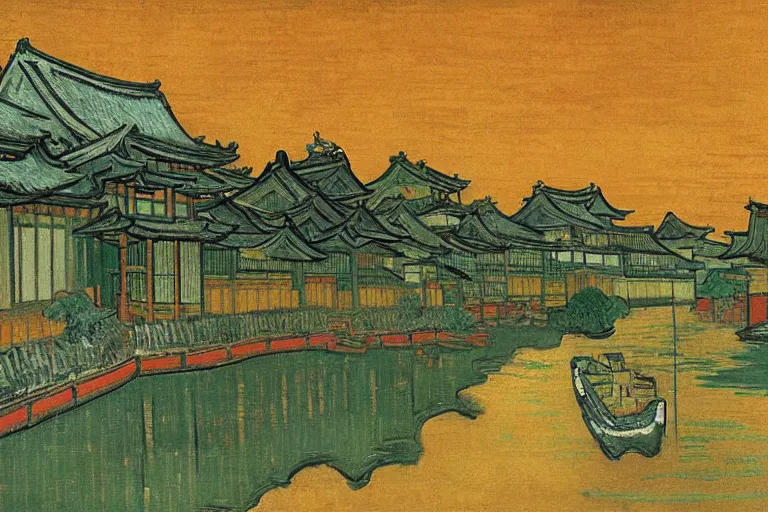 Image similar to japanese scenery in edo period, by vincent van gogh, high saturation