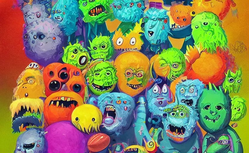 Prompt: a cinematic poster squad of tennis ball monsters, colorful, digital art, fantasy, magic, chalk, trending on artstation, ultra detailed, professional illustration by basil gogos