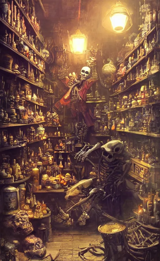 Prompt: a beautiful artwork illustration, a skeleton selling potions in a shop, rembrandt lighting, high contrast, high contrast, high contrast, vibrant colors, vivid colors, high saturation, by Greg Rutkowski and Jesper Ejsing and Raymond Swanland, featured on artstation, wide angle, vertical orientation