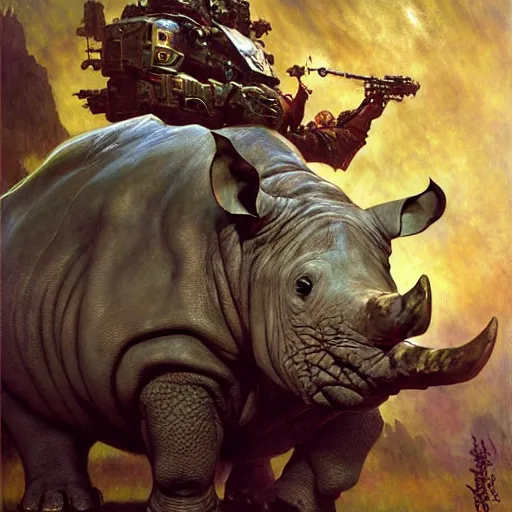 Prompt: rocksteady rhino. shadowrun furaffiniy cyberpunk fantasy highly detailed painting by gaston bussiere craig mullins jc leyendecker gustav klimt artgerm greg rutkowski john berkey, bergey, craig mullins, ruan jia, raymond swanland, jeremy mann, tom lovell, alex malveda