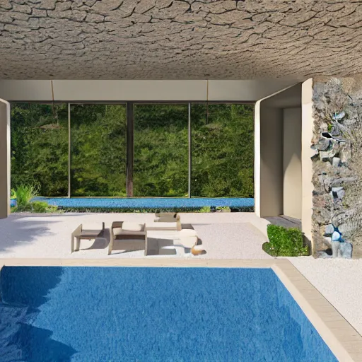 Image similar to architectural rendering of habitat 6 7 in the desert, biophilia style, pool, garden