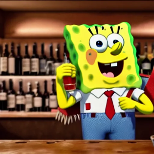 Image similar to photorealistic portrait of spongebob drinking in a spanish bar, hyper realistic, hyper detailed, unreal engine 5, octane render