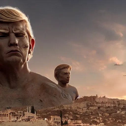Prompt: Still from movie about an Tiny Donald Trumps invasion Ancient Athens, UFOs, portrait, intricate, 8k highly professionally detailed, HDR, CGsociety