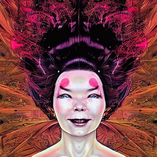 Image similar to portrait of crazy beautiful singer bjork, ymmetrical, by yoichi hatakenaka, masamune shirow, josan gonzales and dan mumford, ayami kojima, takato yamamoto, barclay shaw, karol bak, yukito kishiro