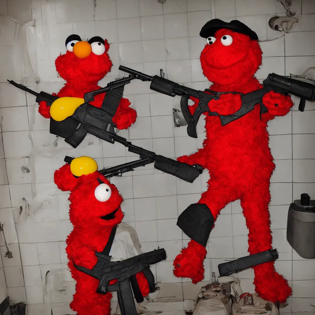 Image similar to Elmo is standing in the middle of a disgusting bathroom while holding a kalashnikov ak47