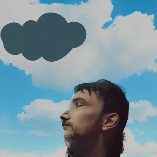 Image similar to a man floating in the sky, his past and the clouds are behind him