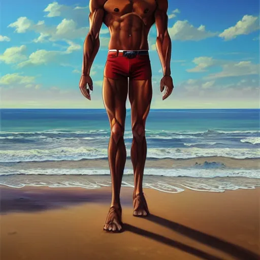 Image similar to a male horse humanoid standing on the beach,wearing red shorts,anthropomorphic,Character design by artgerm, and makoto shinkai, detailed, inked, western comic book art, 2021 award winning painting,digital art,ultra realistic,ultra detailed,art by greg rutkowski,muscular,detailed face,hyperdetailed,hyperrealistic,detailed face,photorealistic,realistic,4k,SFW