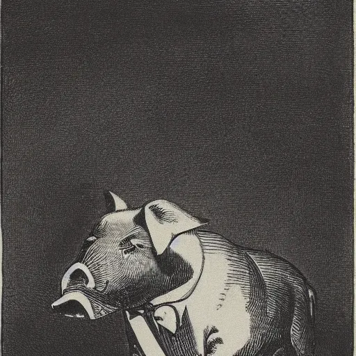 Image similar to pig in a tuxedo, dark, high detail, dramatic light, drawing gustave dore