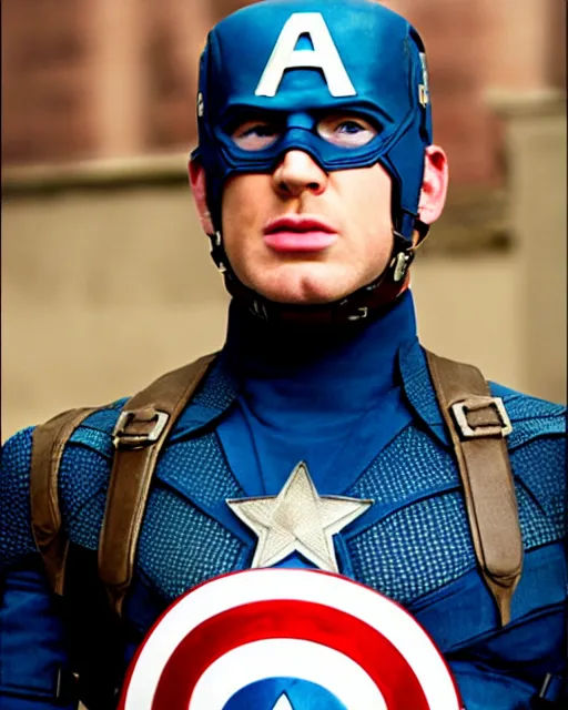 Prompt: film still close - up shot of ginger chris evans as captain america from the movie captain america : the first avenger. photographic, photography