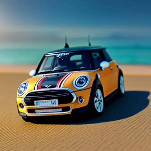 Image similar to a 4 k photorealistic photo of a miniature mini cooper car on a beach, natural soft lighting, outdoors, medium shot sandy