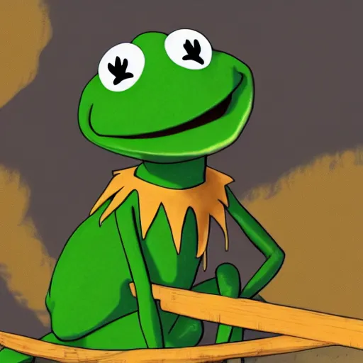 Image similar to Kermit the frog as an anime character, in the style of TV anime afro samurai, sitting near a river, Key Frame, Top rated of pixiv, High Detail, Medium Shot, Studio Bones, Dusk