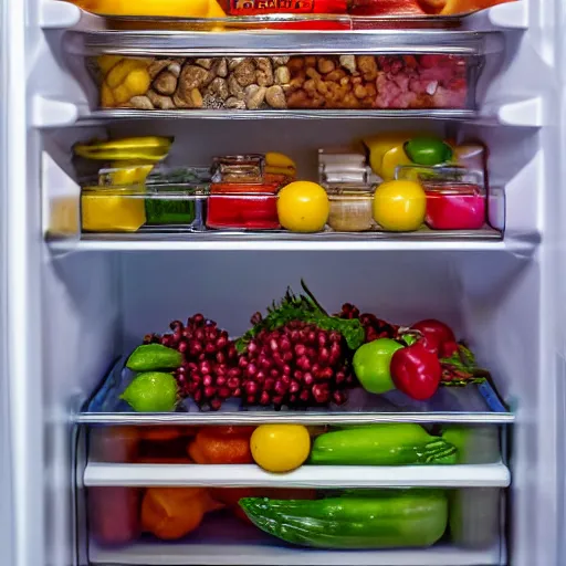 Image similar to fridge full of food, highly detailed, high quality, HD, 4k, 8k, Canon 300mm, professional photographer, 40mp, lifelike, top-rated, award winning, realistic, sharp, no blur, edited, corrected, trending