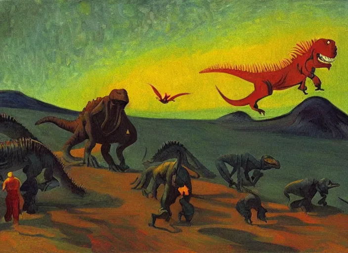 Image similar to painting of the extinction of the dinosaurs with asteroid and fire, in the style of edward hopper and vincent van gogh, dramatic lighting at dusk