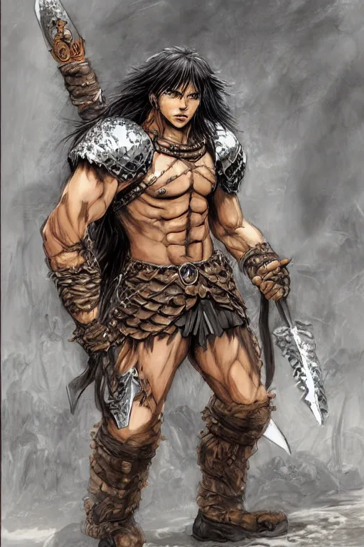 Image similar to A realistic anime portrait of a young handsome male barbarian with long wild hair, intricate fantasy spear, plated armor, vivid colors, colored, D&D, dungeons and dragons, tabletop role playing game, rpg, jrpg, digital painting, by Frank Frazetta and Kentaro Miura, concept art, highly detailed, promotional art, HD, digtial painting, trending on ArtStation, golden ratio, rule of thirds, SFW version