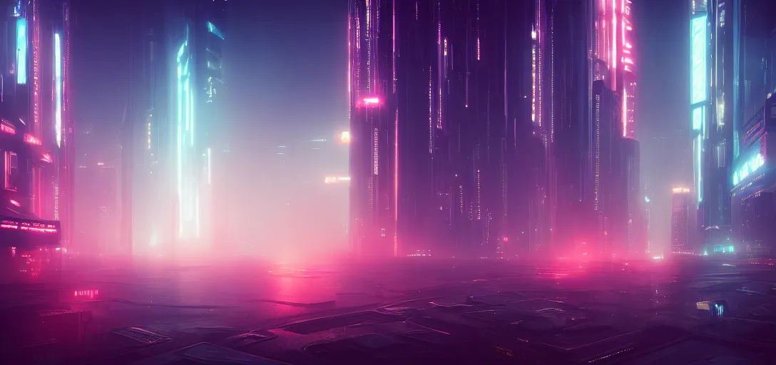 Image similar to view from the ground of a futuristic blade runner cyberpunk city, neon, horizon, fog, light rays, symmetry, cinematic lighting, ultra detailed, sharp, ambient occlusion, bloom, raytracing, by greg rutowski, paul chadeisson and jessica rossier