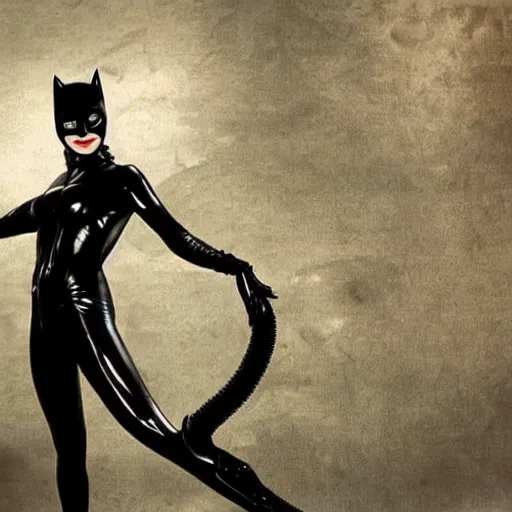 Prompt: High definition, high octane, award winning full body shot of Catwoman posing for the camera and carresing Batman, realistic.